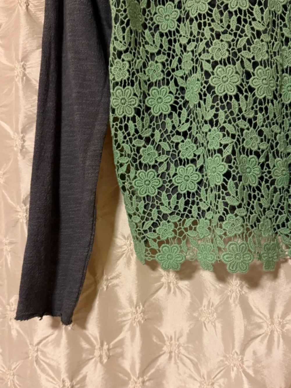 Y2K Free People Mint Green Gray Crochet Lace Long Sleeve Top Boho Crochet vtg